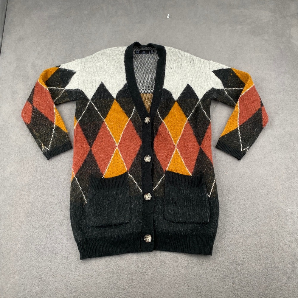 Volcom Womens Argyle Cardigan Sweater Black Orange B0732102 XS S